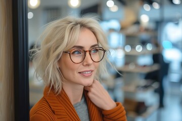 A stylish woman with a warm smile and layered blonde hair wears glasses and a cozy sweater, showcasing both her fashion sense and vision care