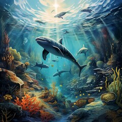 Fototapeta premium Illustrating the Harmony Between Marine Animals and Their Oceanic Environments, Portraying Underwater Scenes 