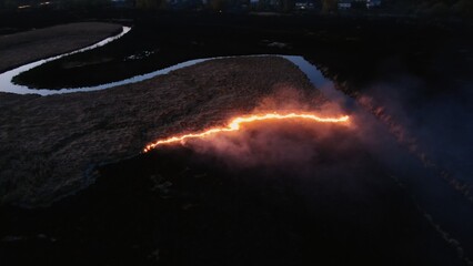 Aerial View of Nighttime Fire near Water Body