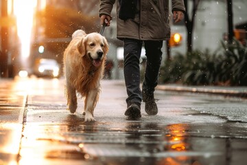 A soggy stroll with a playful pup, navigating the rain-soaked pavement with determination and joy