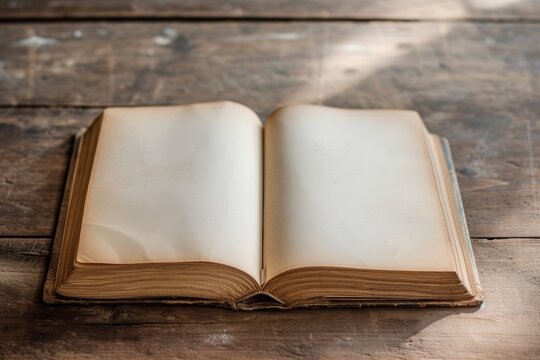 an open book with blank pages laying on a wooden table