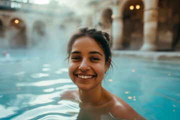 Close-up of a joyful young woman smiling in a historical thermal pool