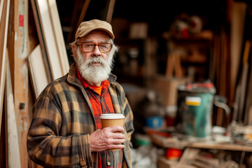 An elderly woodworker with glasses and a cap holding a disposable coffee cup in a cluttered woodworking workshop
