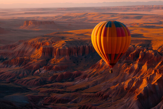 A colorful hot air balloon floating above rugged Painted Desert in Arizona in the warm light of sunrise