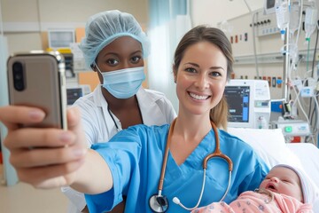 A group of female medical professionals and a newborn baby capture a precious moment in a hospital room, surrounded by life-saving equipment and wearing scrubs, showcasing the human face of healthcar - obrazy, fototapety, plakaty
