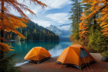 Amidst the tranquil autumn landscape, two tents stand tall next to a glistening lake, sheltered by the towering trees and covered by a protective tarpaulin