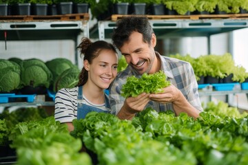 A smiling couple proudly holds fresh, leafy lettuce from their local greengrocer, embodying the natural and wholesome beauty of whole foods and vegan nutrition