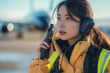 A young woman stands in the winter sky, wearing a yellow jacket and headphones while holding a walkie talkie, ready to conquer the outdoors with her music and communication