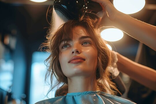 A young woman transforms into a fashionable beauty as she receives a stunning hair and makeup makeover at an indoor shop, her long locks and flawless eyelashes accentuating her radiant face and styli
