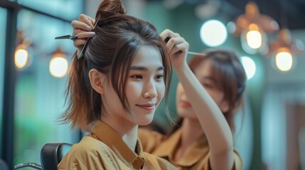 Fototapeta premium Hair stylist attentively trims the hair of a female client, who sits calmly in a salon setting, reflecting a professional beauty service