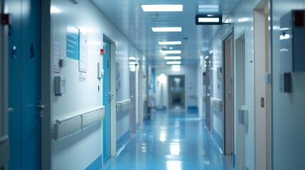 Serene hospital corridor with blue doors and floors, lit by soft overhead lights