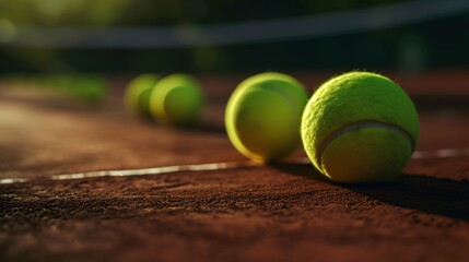 Tennis balls on clay court,  lined up, sunset lighting, sports equipment, tennis game, outdoor activity