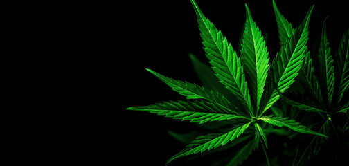 Leaves of cannabis on the black background, top view