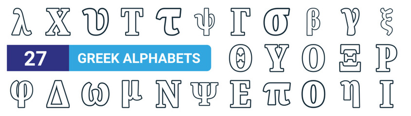 set of 27 outline web greek alphabets icons such as lambda, chi, upsilon, sigma, upsilon, delta, epsilon, iota vector thin line icons for web design, mobile app. - obrazy, fototapety, plakaty