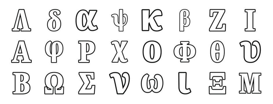 set of 24 outline web greek alphabets icons such as lambda, delta, alpha, psi, kappa, beta, zeta vector icons for report, presentation, diagram, web design, mobile app