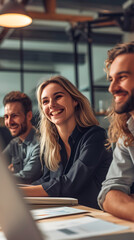 Obraz premium a group of business men and women at work smiling, in the meeting room