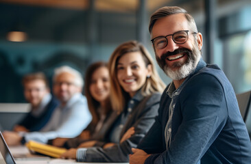 Obraz premium a group of business men and women at work smiling, in the meeting room