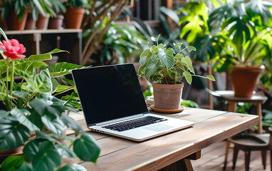 Fototapeta na wymiar laptop screen mock up and plants on wooden table 