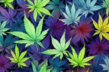 Floral background, many cannabis or hemp leaves in watercolor painting style in green and purple color on black background