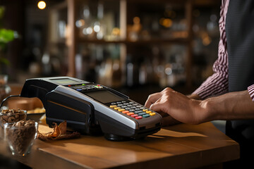 Man using payment terminal in cafe, closeup. Online shopping concept - obrazy, fototapety, plakaty