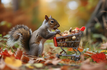 a squirrel eats food in his shopping cart 