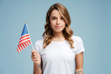 Cute, beautiful young woman, patriot, supporter with stylish hairstyle holding American flag