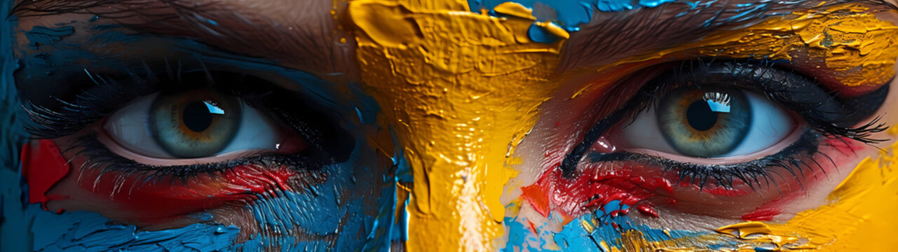 In a burst of creative expression, an ultra-wide canvas comes alive with bold strokes and abstract shapes, coalescing to form the enigmatic visage of a human face, evoking a sense of familiarity 