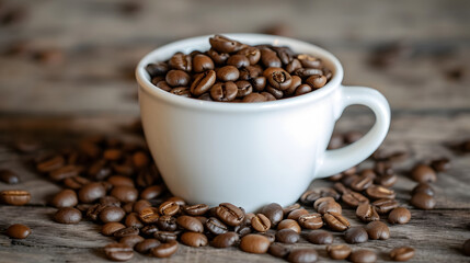 Fototapeta premium A white cup filled to the top with coffee beans