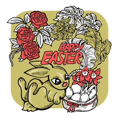 Obraz premium Easter bunny with basket, eggs, flowers and butterfly. Decorative design composition for poster print, greeting card, kids party invitation. Hand drawn illustration. Vintage cartoon style drawing.