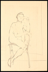 Black charcoal on colored paper quick sketch capturing the grace and poise of a female model in a studio setting. An artistic drawing of the human form.