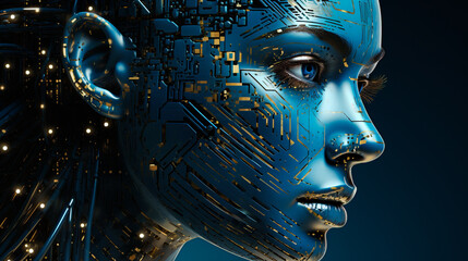 AI Art: A mesmerizing woman with a futuristic robot face, blending dark blue and gold in groundbreaking murals. Smooth, shiny, and high-resolution, captures the essence of artificial intelligence