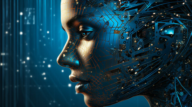 AI Art: A stunning woman with a futuristic robot face emerges in dark blue and gold murals. Smooth, shiny, and groundbreaking, this high-resolution image blends bright illustrations