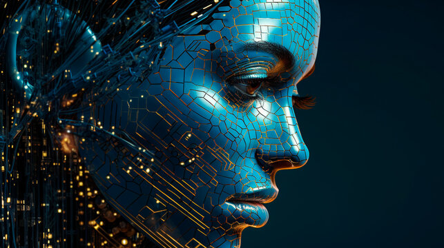 AI Art: A striking fusion of human and machine, this woman boasts a futuristic robot face in captivating dark blue and gold murals. Smooth, shiny, and impactful, the image projects