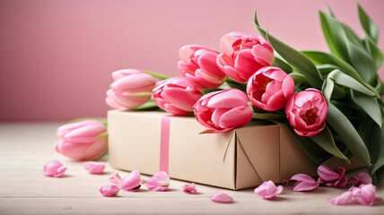 Graceful Pink Tulips and Gift Delight: Photorealistic Floral Arrangement

