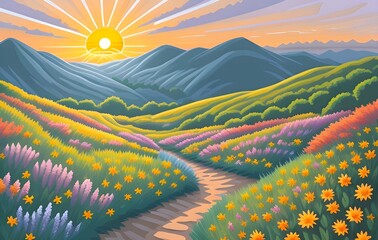 Beautiful and Peaceful Nature Scenery Illustration, Landscape, Countryside, Tranquil, Vibrant and Colorful