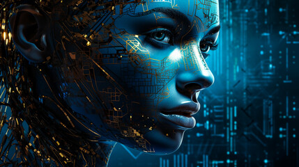 AI Art: A captivating fusion of a woman and a futuristic robot face in dark blue and gold. The groundbreaking mural style showcases smooth and shiny visuals. A vision of artificial intelligence
