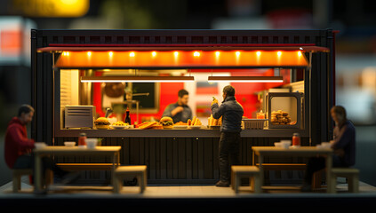 Fototapeta premium an open sided food truck with tables and people eating