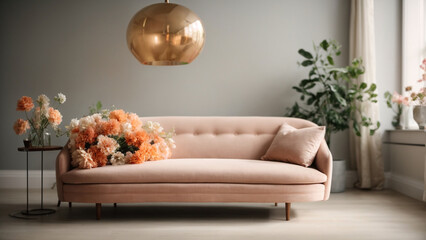 Fototapeta na wymiar Scandinavian Serenity: A Flower-Adorned Minimalist Couch, Enhancing the Tranquil Atmosphere