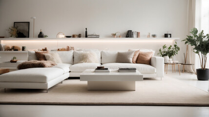 
Tranquil Elegance: A Minimal White Living Room at Night with a White Couch and Soft Illumination