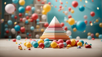 Abstract Pyramid Fusion: A Stunning Art Composition with Pyramid Pieces and Group of Balloons

