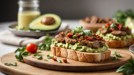 
Gourmet Delight: Avocado Sourdough Bread Toast with Sausage and Sundried Tomatoes