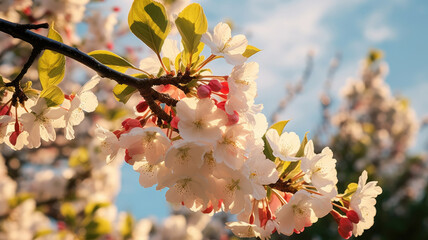 Beautiful spring time cherry blossom close up with blurred background, blue sky in the back