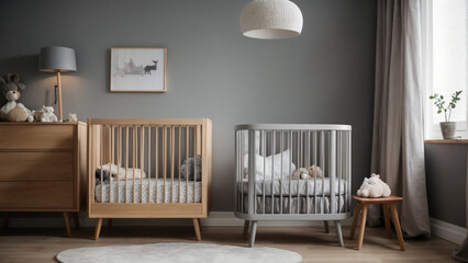 Charming Haven for Little Ones: Baby Crib, Cupboard, Armchair, Lamp, and Stool in a Child's Room

