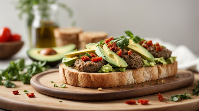 Savory Delight: Avocado Sourdough Bread Toast with Sausage and Sundried Tomatoes

