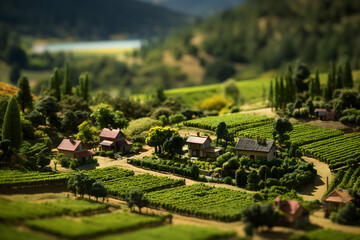 Miniature of village in the vineyards. Rural landscape. Selective focus.