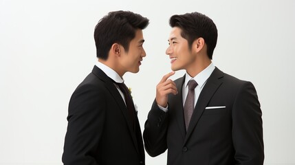 Men in suits whispering, Asian, profile, white background 