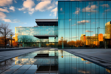Modern office building with reflection in the water, Warsaw, Poland.