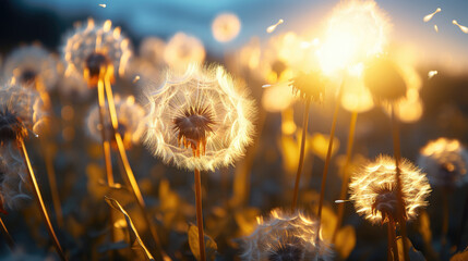 Dandelion field against the sun light. beautiful back light. Close up of dandelions, abstract blurred background