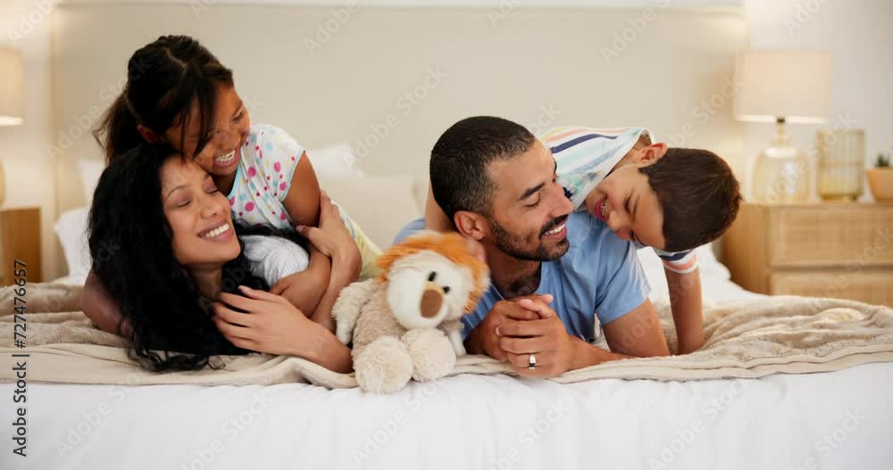 Poster love, hug and happy family on a bed for playing, bonding or games in their home together. trust, sup