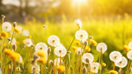 Obraz premium Dandelion field against the sun light. beautiful back light. Close up of dandelions, abstract blurred background